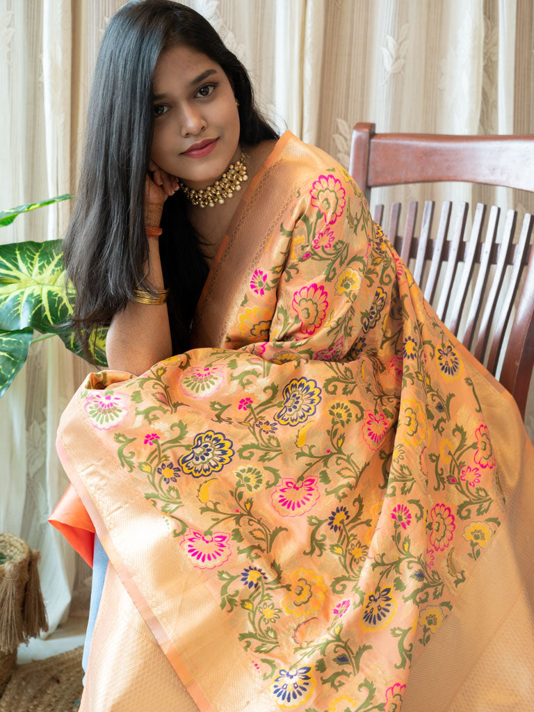 Banarasi Plain Salwar Kameez Material With Contrast Meenakari Dupatta-Peach