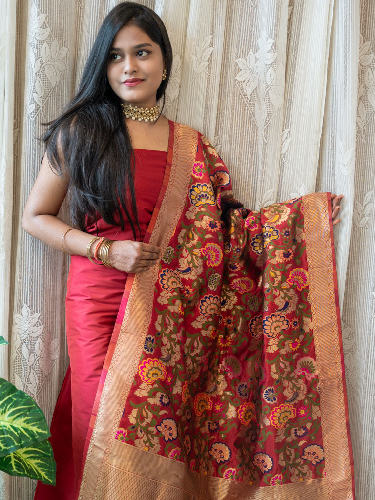 Banarasi Plain Salwar Kameez Material With Contrast Meenakari Dupatta-Red