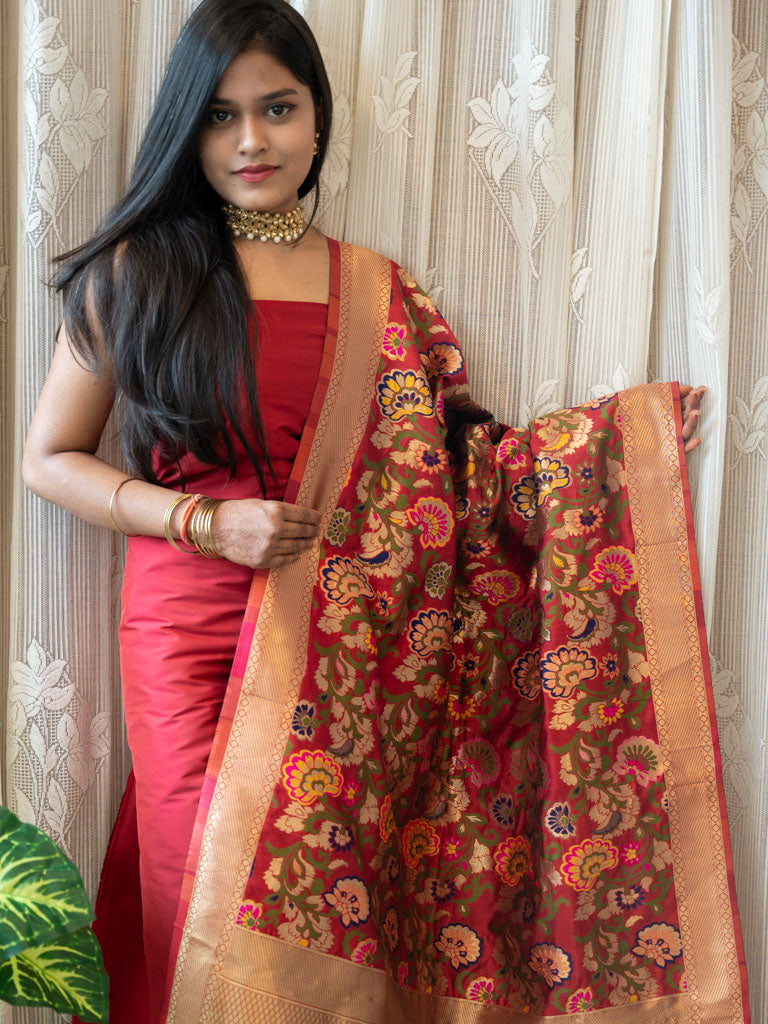 Banarasi Plain Salwar Kameez Material With Contrast Meenakari Dupatta-Red