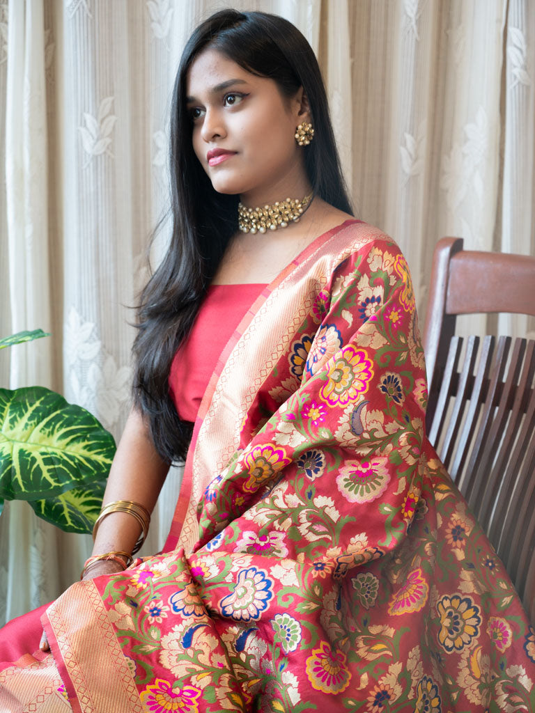 Banarasi Plain Salwar Kameez Material With Contrast Meenakari Dupatta-Red