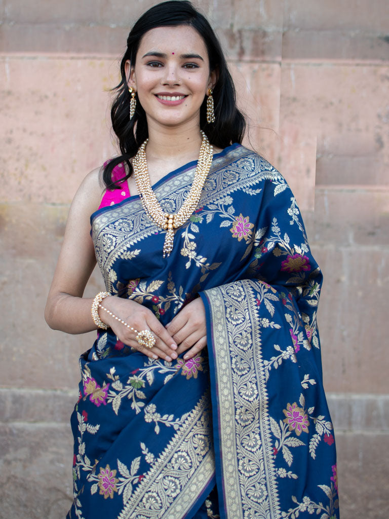 Banarasi Art Katan Silk Saree With Jaal Weaving-Blue