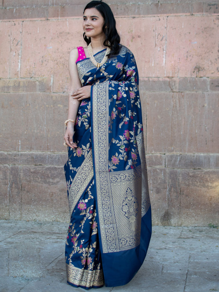 Banarasi Art Katan Silk Saree With Jaal Weaving-Blue