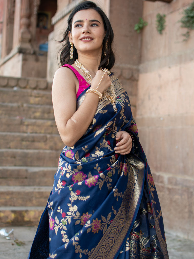 Banarasi Art Katan Silk Saree With Jaal Weaving-Blue