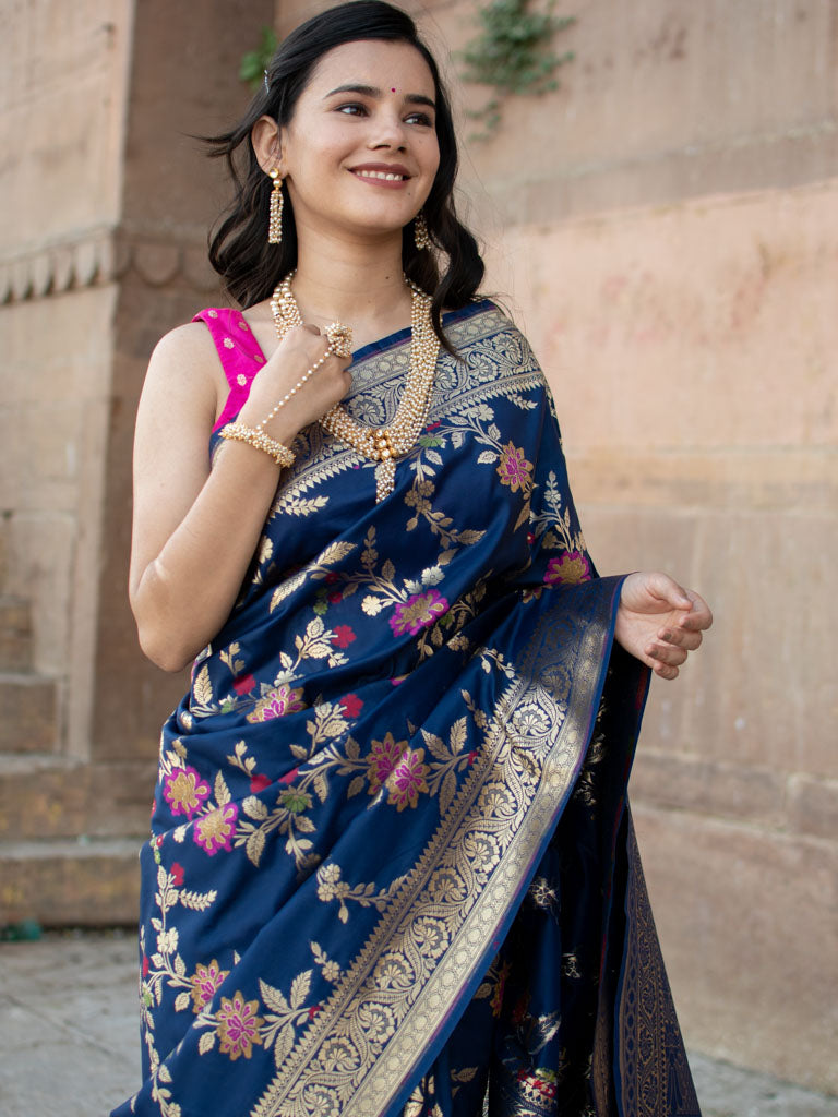 Banarasi Art Katan Silk Saree With Jaal Weaving-Blue