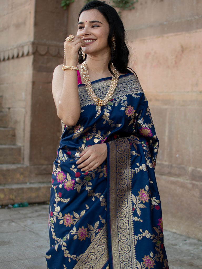 Banarasi Art Katan Silk Saree With Jaal Weaving-Blue