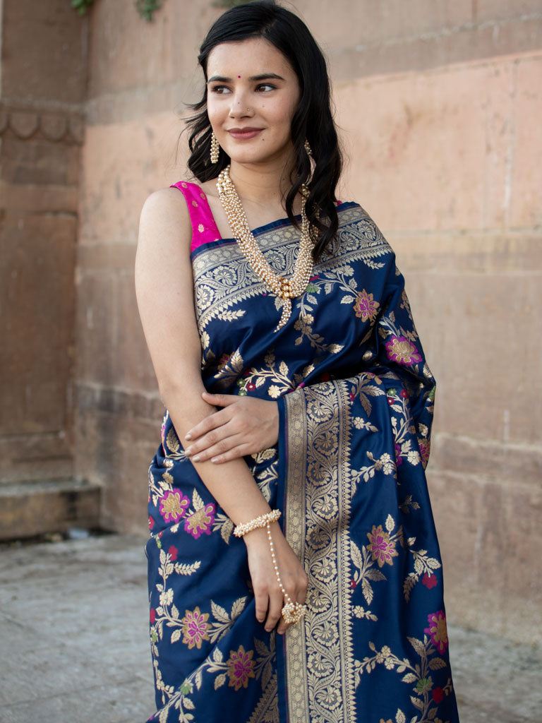 Banarasi Art Katan Silk Saree With Jaal Weaving-Blue