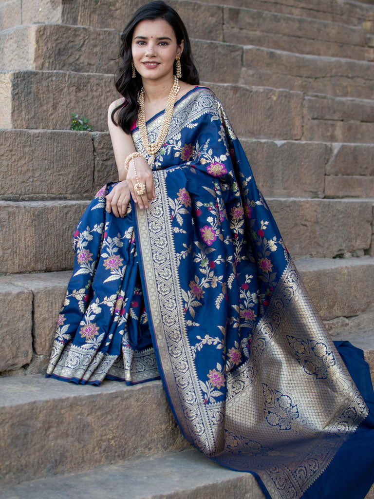 Banarasi Art Katan Silk Saree With Jaal Weaving-Blue