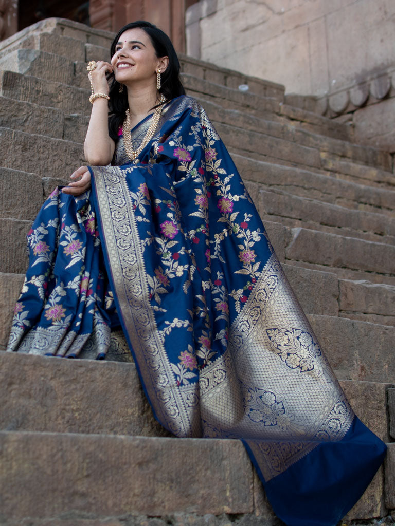 Banarasi Art Katan Silk Saree With Jaal Weaving-Blue