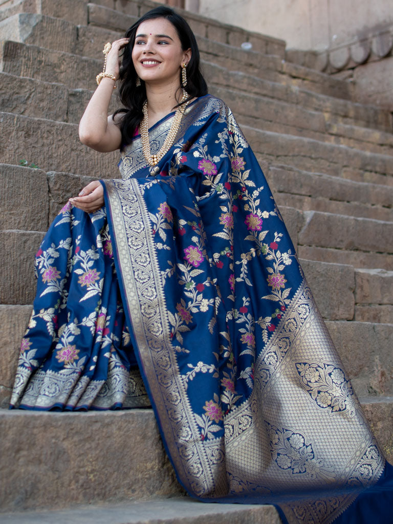 Banarasi Art Katan Silk Saree With Jaal Weaving-Blue