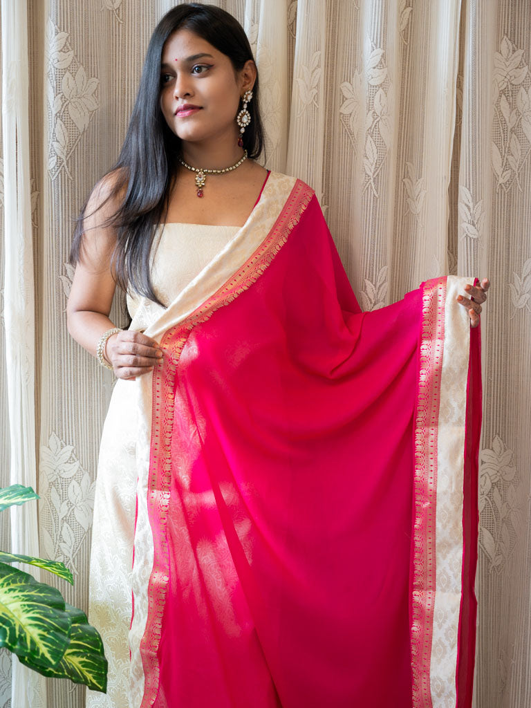 Banarasi Cotton Silk Zari Weaving Salwar Kameez Material With Plain Dupatta-White & Pink