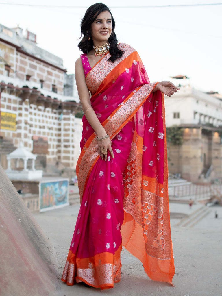 Banarasi Dual Shade Semi Chiffon Saree Silver Zari Buti Weaving-Pink –  Banarasikargha
