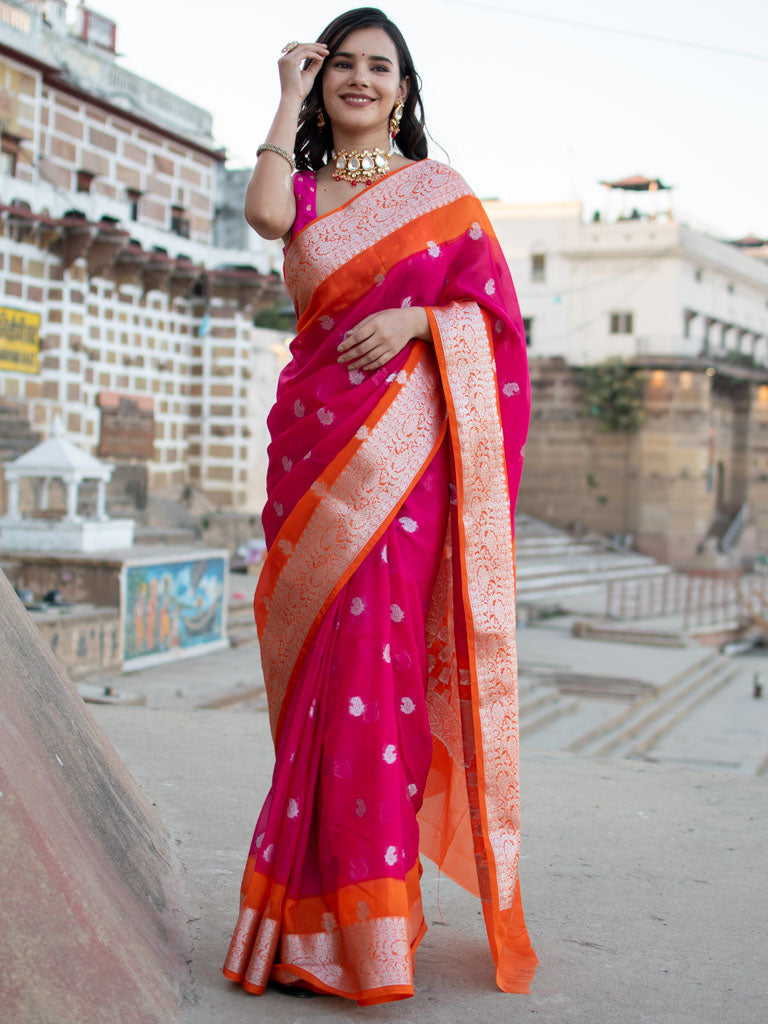 Banarasi Dual Shade Semi Chiffon Saree Silver Zari Buti Weaving-Pink