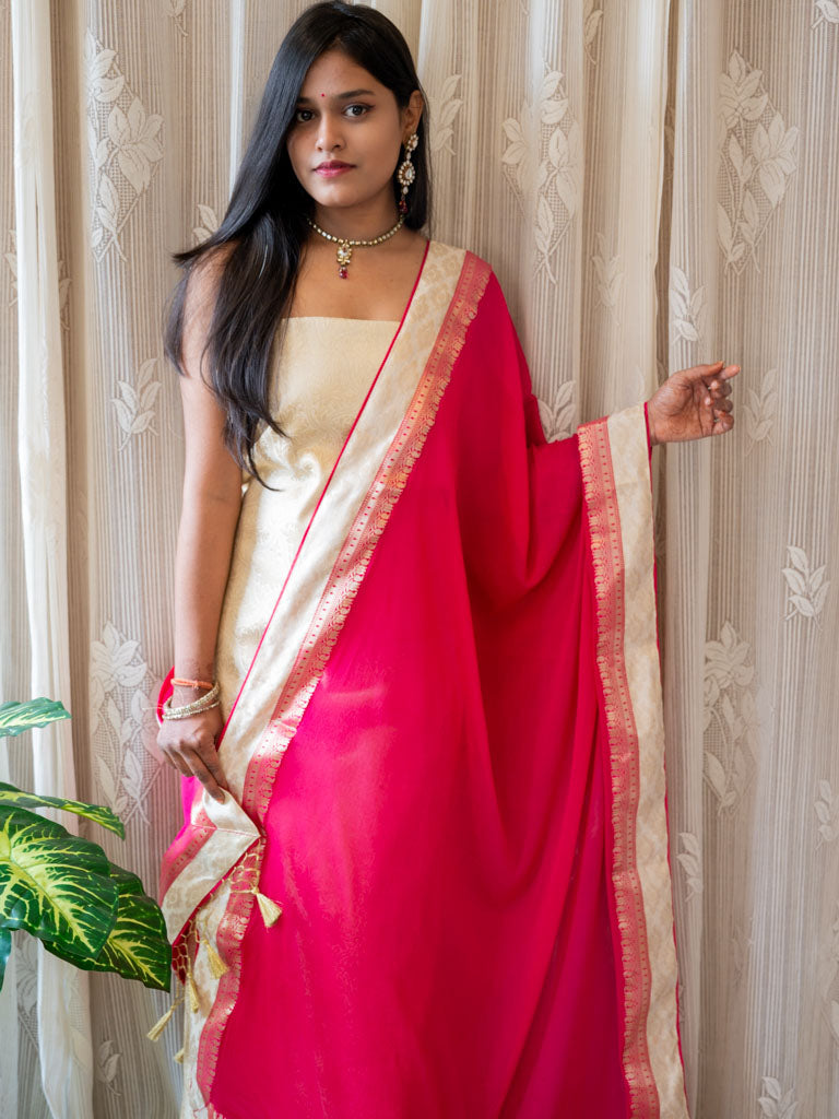 Banarasi Cotton Silk Zari Weaving Salwar Kameez Material With Plain Dupatta-White & Pink