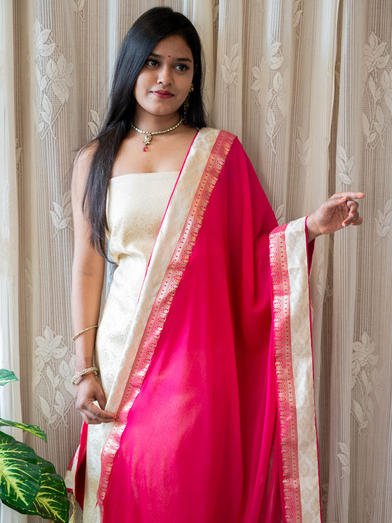 Banarasi Cotton Silk Zari Weaving Salwar Kameez Material With Plain Dupatta-White & Pink