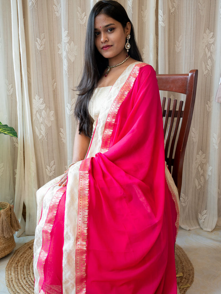 Banarasi Cotton Silk Zari Weaving Salwar Kameez Material With Plain Dupatta-White & Pink