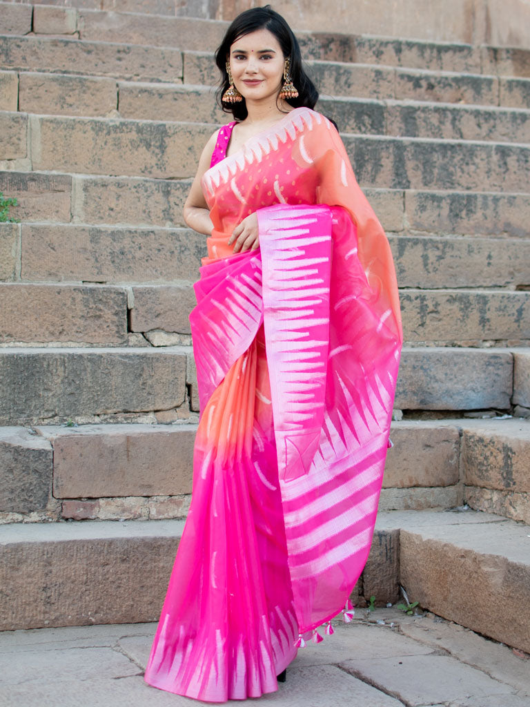 Banarasi Dual Shade Organza Saree With Silver Zari Border-Pink & Orange
