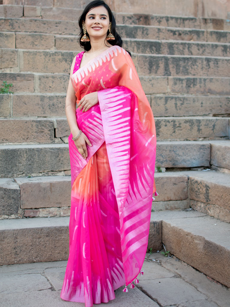 Banarasi Dual Shade Organza Saree With Silver Zari Border-Pink & Orange