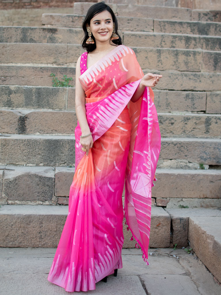 Banarasi Dual Shade Organza Saree With Silver Zari Border-Pink & Orange