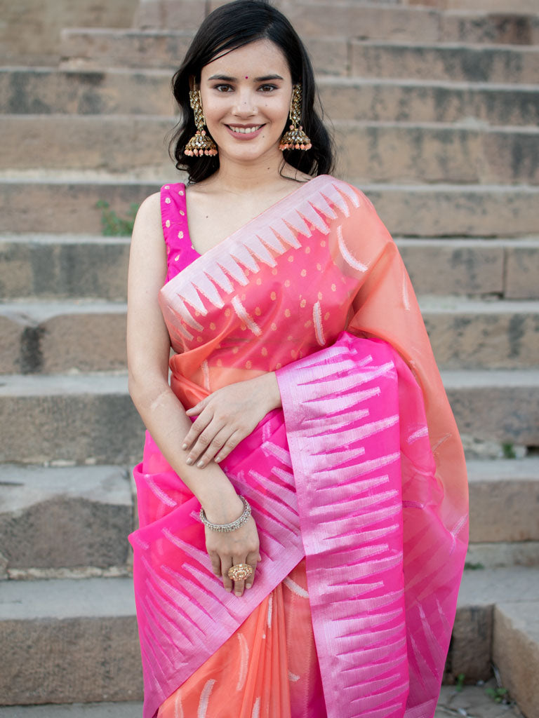 Banarasi Dual Shade Organza Saree With Silver Zari Border-Pink & Orange