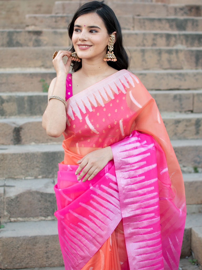 Banarasi Dual Shade Organza Saree With Silver Zari Border-Pink & Orange