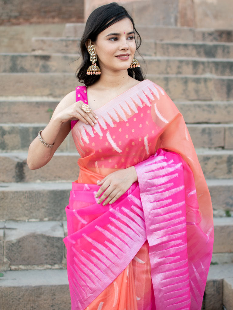 Banarasi Dual Shade Organza Saree With Silver Zari Border-Pink & Orange