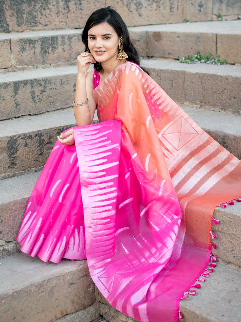 Banarasi Dual Shade Organza Saree With Silver Zari Border-Pink & Orange