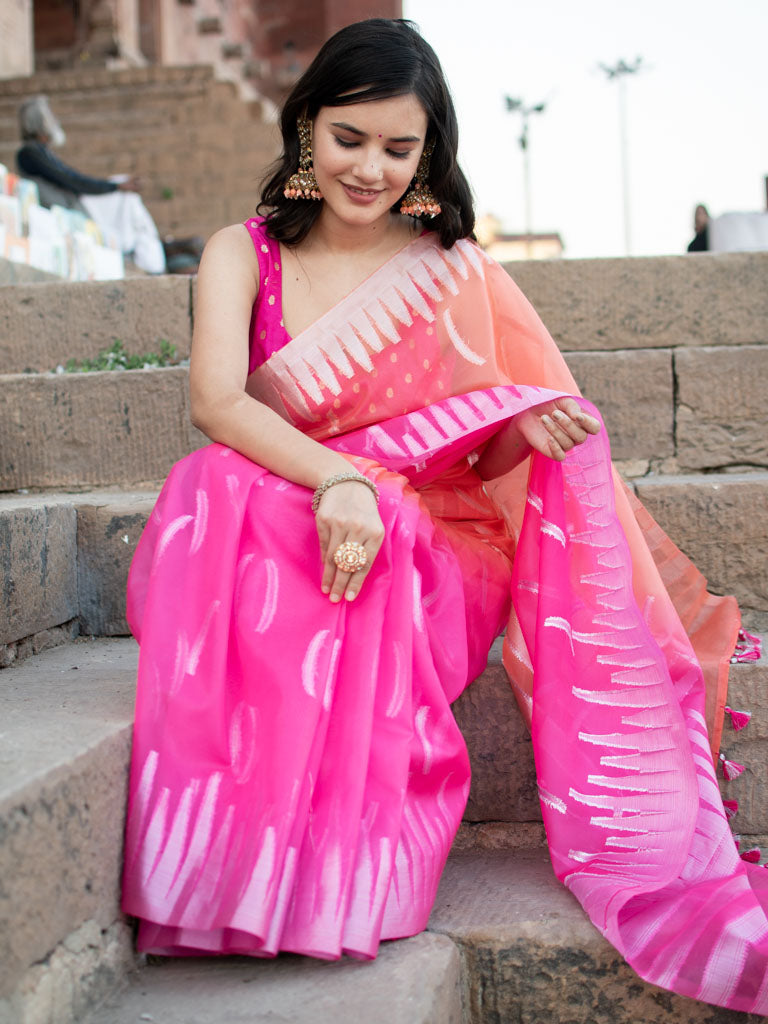 Banarasi Dual Shade Organza Saree With Silver Zari Border-Pink & Orange