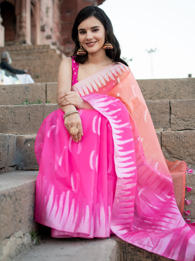 Banarasi Dual Shade Organza Saree With Silver Zari Border-Pink & Orange