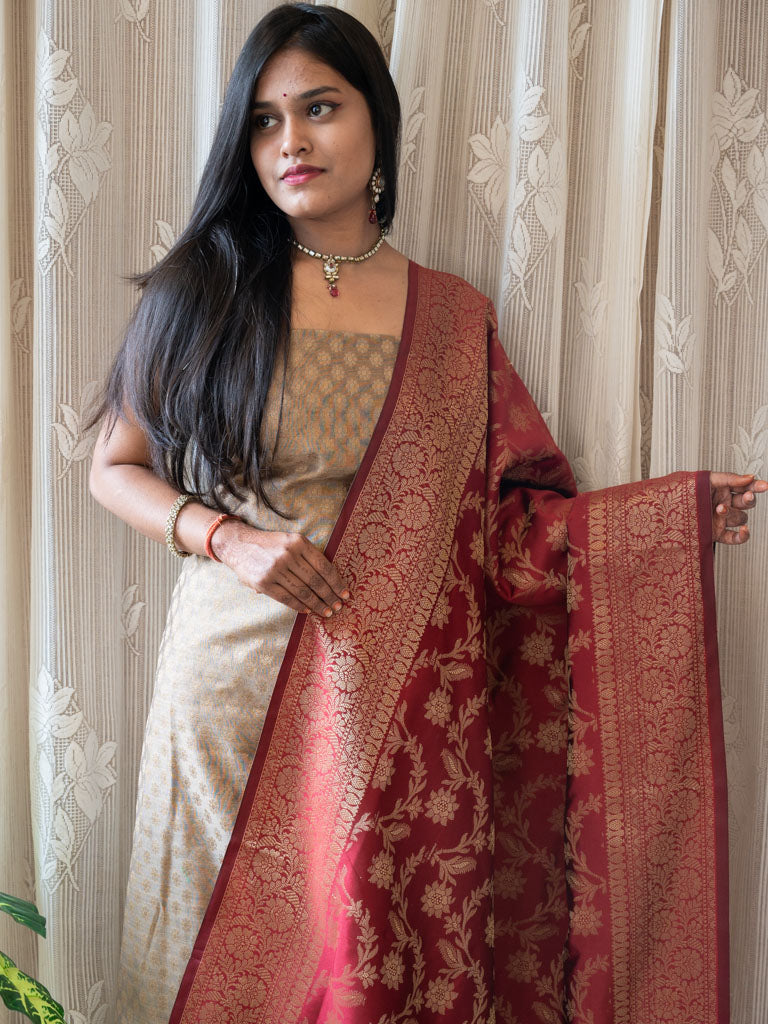 Banarasee Brocade Salwar Kameez Fabric With Cotton Silk Jaal Work  Dupatta-Pink & Beige