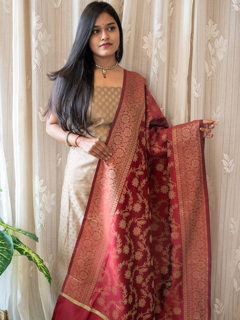 Banarasi Cotton Silk Zari Weaving Salwar Kameez Material With Jaal Dupatta-Grey & Red