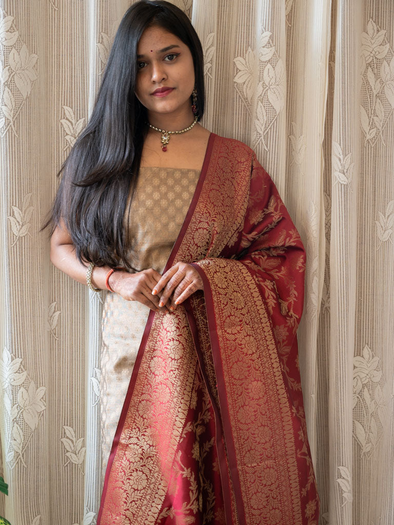 Banarasi Cotton Silk Zari Weaving Salwar Kameez Material With Jaal Dupatta-Grey & Red