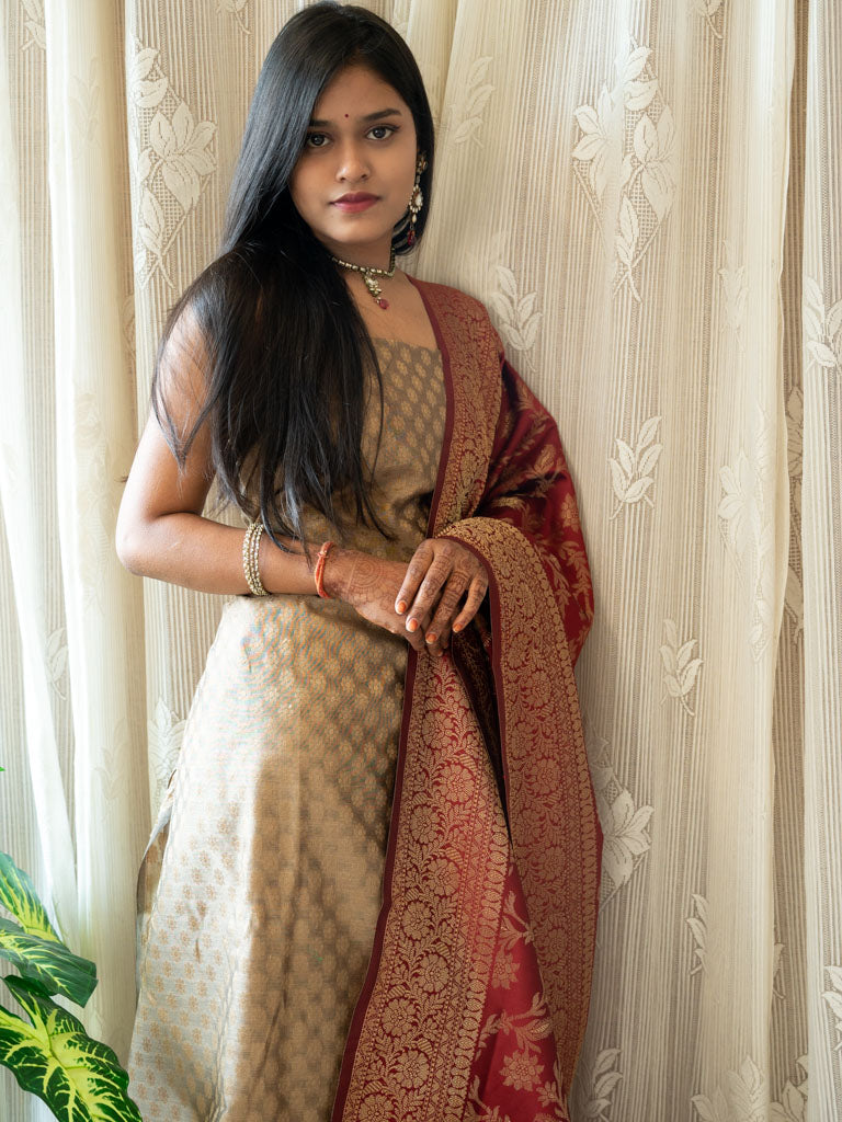 Banarasi Cotton Silk Zari Weaving Salwar Kameez Material With Jaal Dupatta-Grey & Red