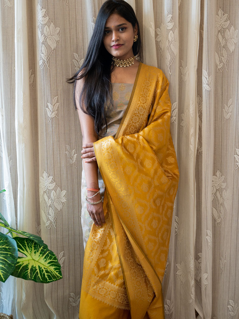 Banarasi Cotton Silk Zari Weaving Salwar Kameez Material With Jaal Dupatta-Grey & Yellow