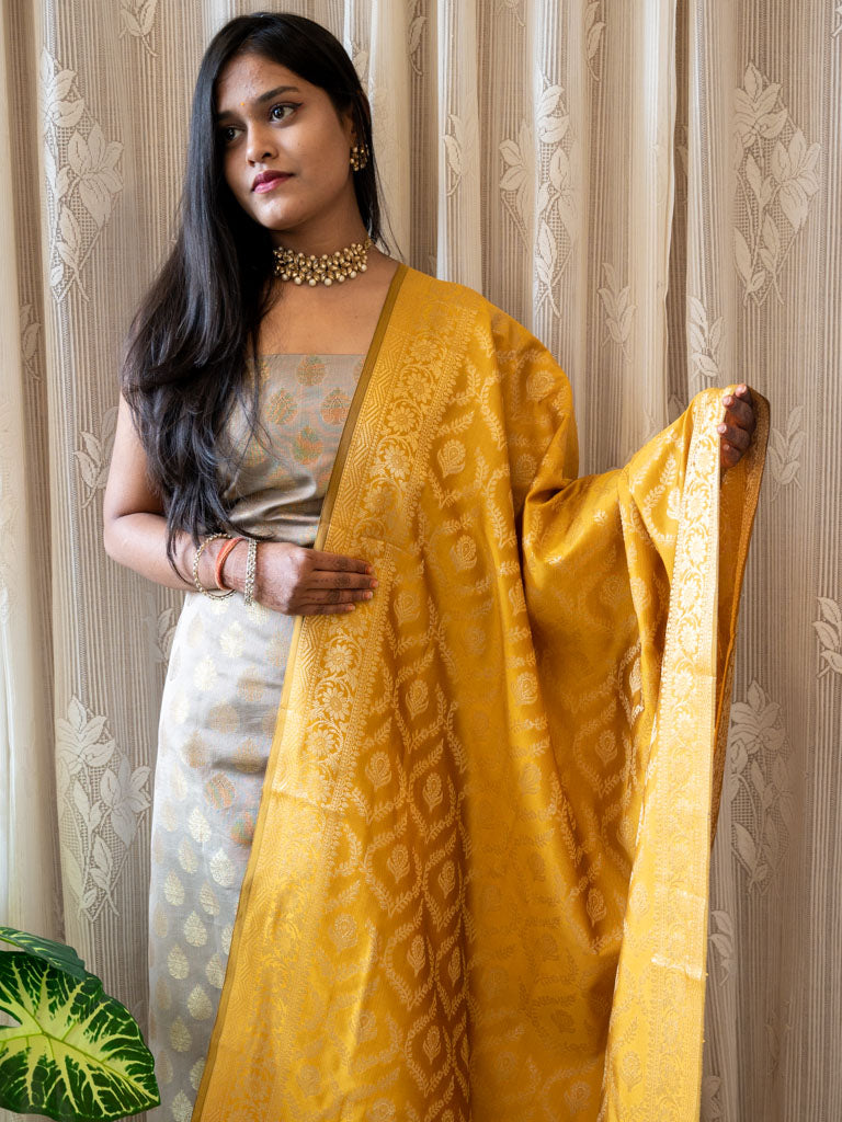 Banarasi Cotton Silk Zari Weaving Salwar Kameez Material With Jaal Dupatta-Grey & Yellow