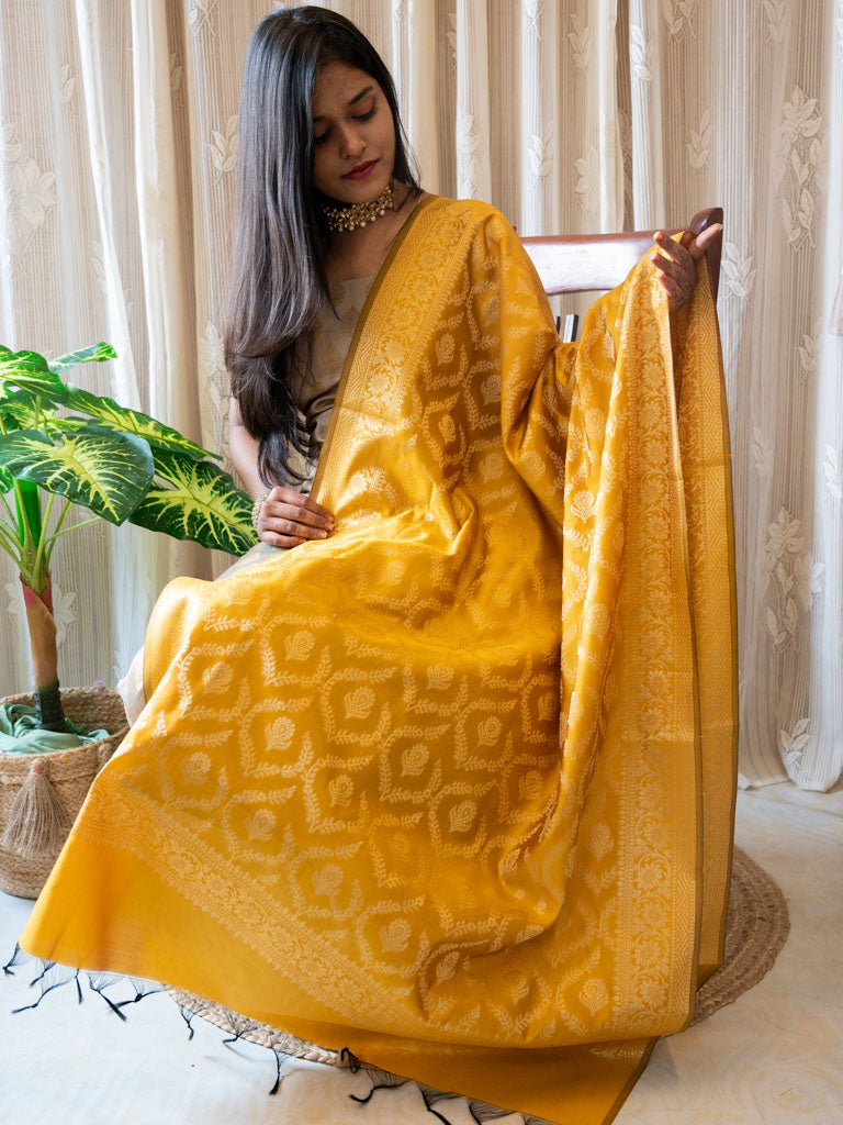 Banarasi Cotton Silk Zari Weaving Salwar Kameez Material With Jaal Dupatta-Grey & Yellow