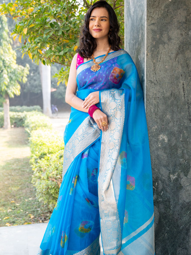 Banarasi Bandhani Dyed Organza Saree With Zari Border-Blue