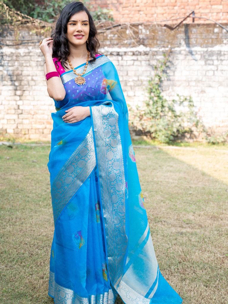 Banarasi Bandhani Dyed Organza Saree With Zari Border-Blue