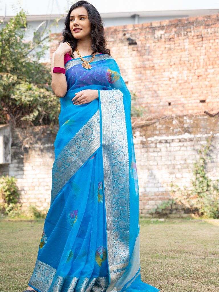 Banarasi Bandhani Dyed Organza Saree With Zari Border-Blue