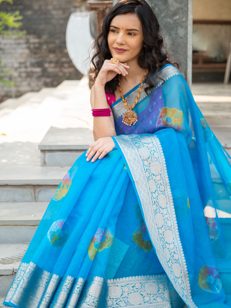 Banarasi Bandhani Dyed Organza Saree With Zari Border-Blue
