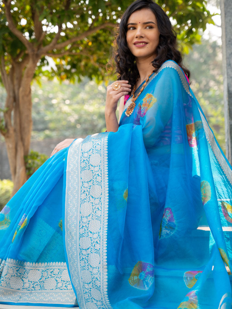 Banarasi Bandhani Dyed Organza Saree With Zari Border-Blue