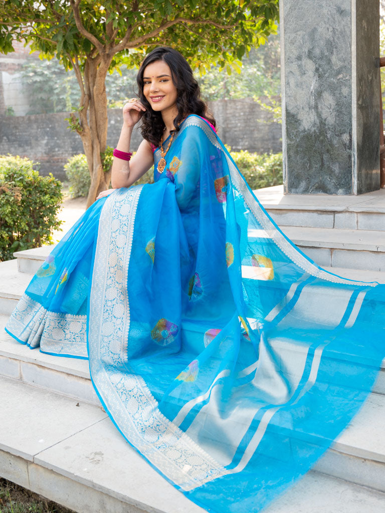 Banarasi Bandhani Dyed Organza Saree With Zari Border-Blue