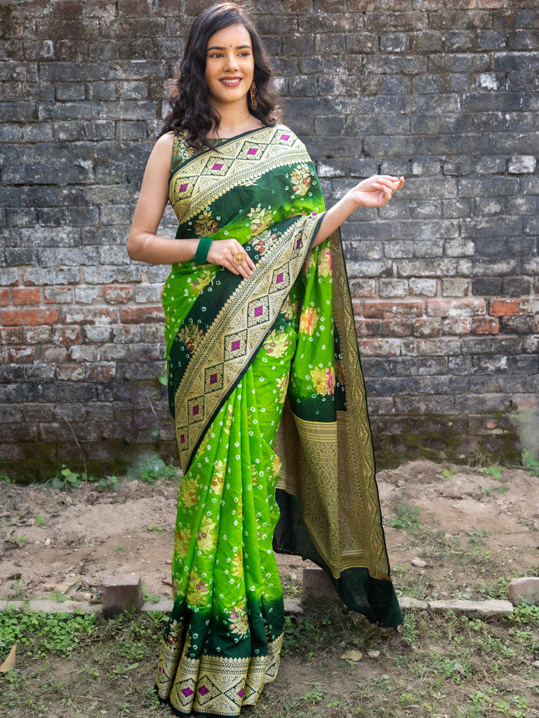 Banarasi Semi Silk Bandhini Saree With Zari Floral Weaving-Green