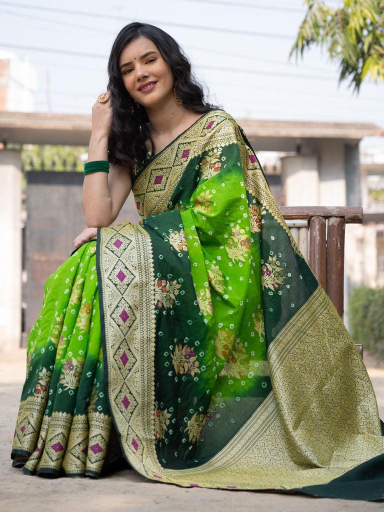 Banarasi Semi Silk Bandhini Saree With Zari Floral Weaving-Green