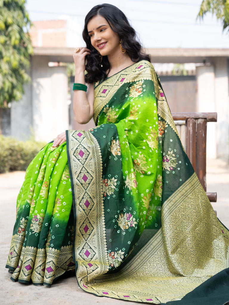 Banarasi Semi Silk Bandhini Saree With Zari Floral Weaving-Green