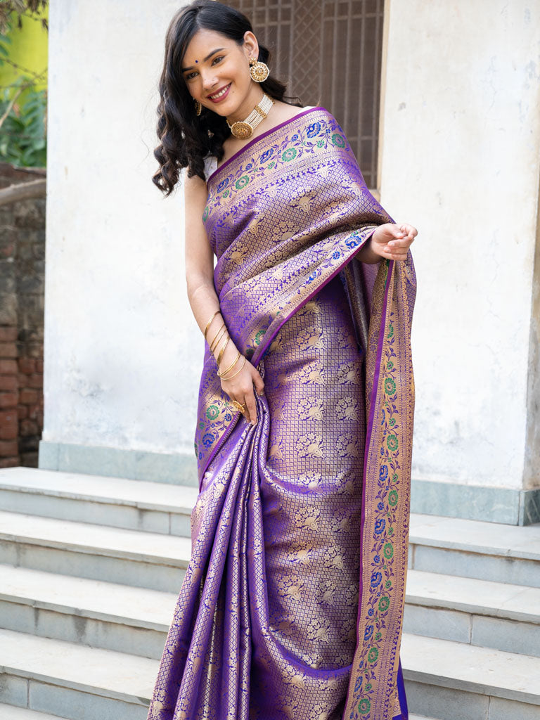 Banarasi Semi Silk Saree With Tanchoi Weaving & Contrast Border-Purple