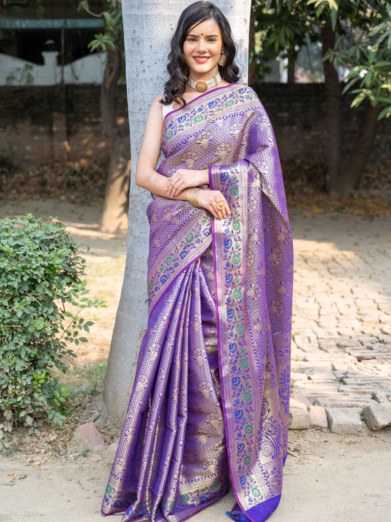 Banarasi Semi Silk Saree With Tanchoi Weaving & Contrast Border-Purple