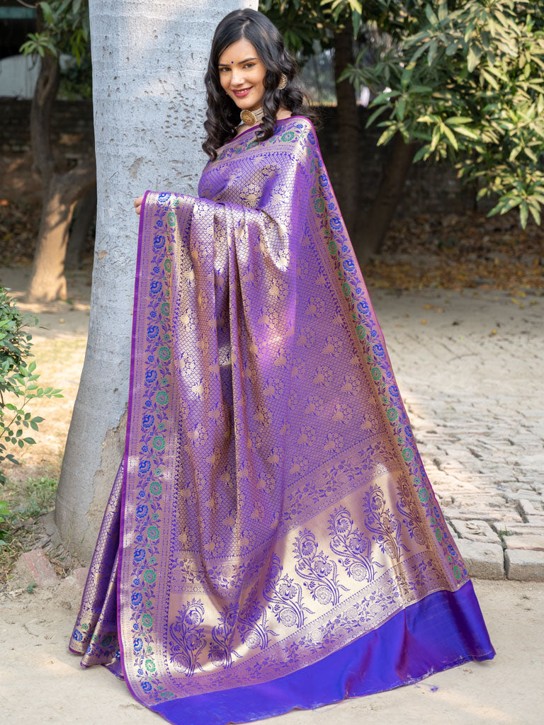 Banarasi Semi Silk Saree With Tanchoi Weaving & Contrast Border-Purple