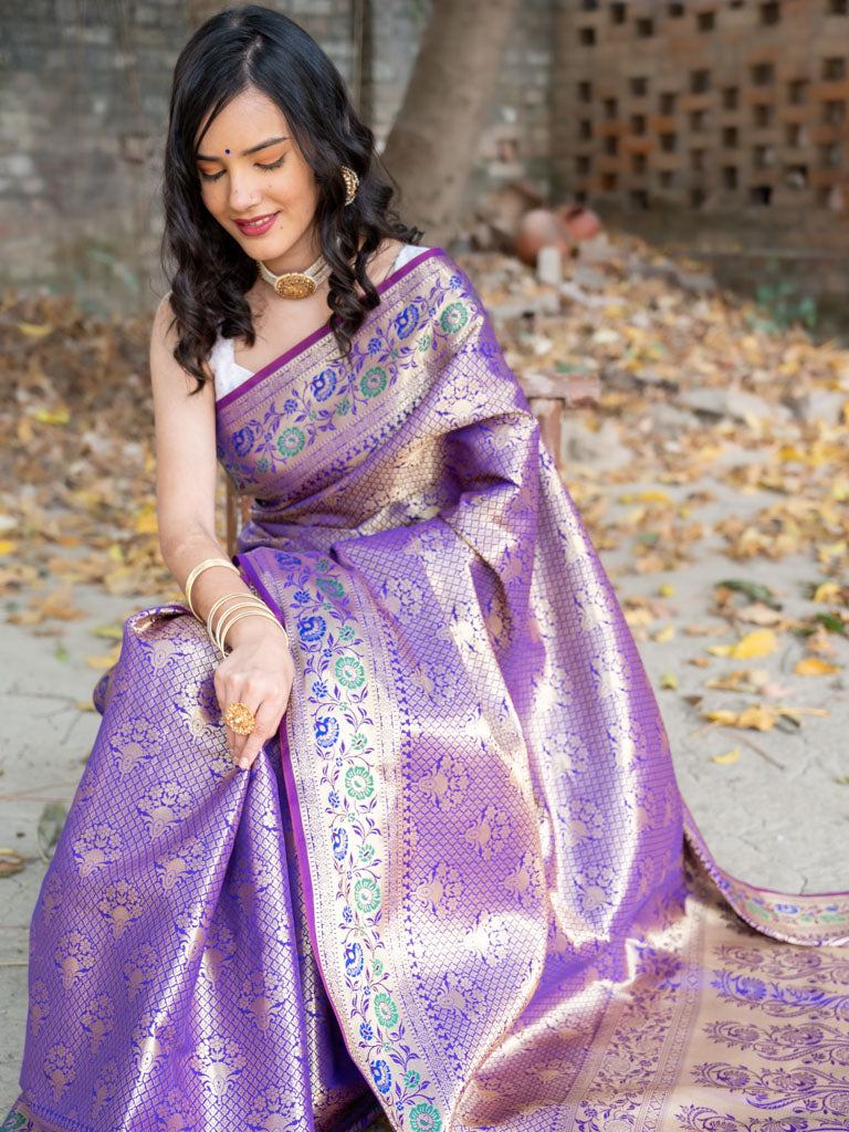 Banarasi Semi Silk Saree With Tanchoi Weaving & Contrast Border-Purple