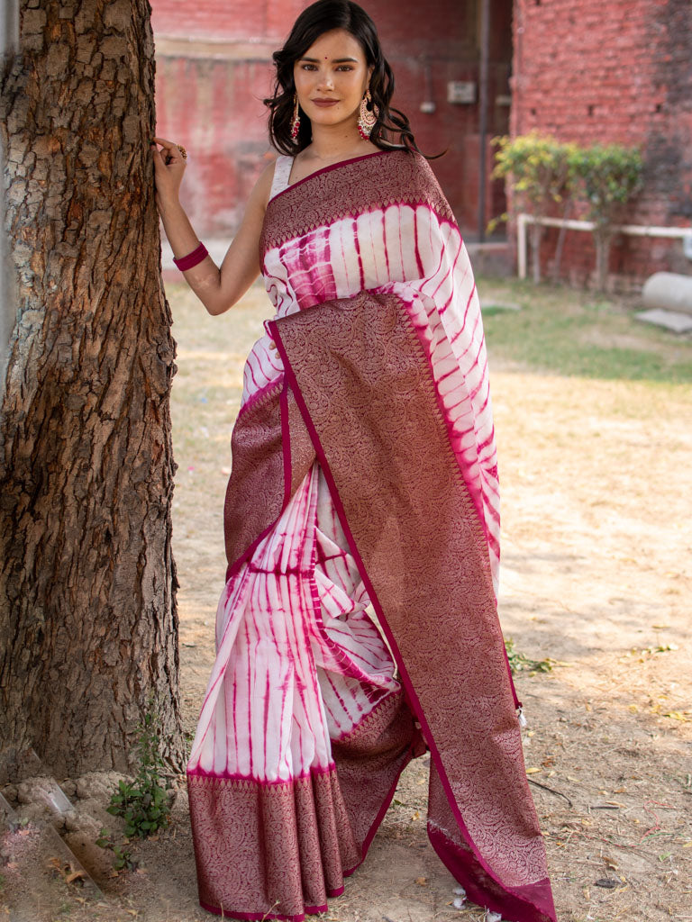 Banarasi Shibori Dyed Cotton Silk Saree With Antique Zari Border-Pink