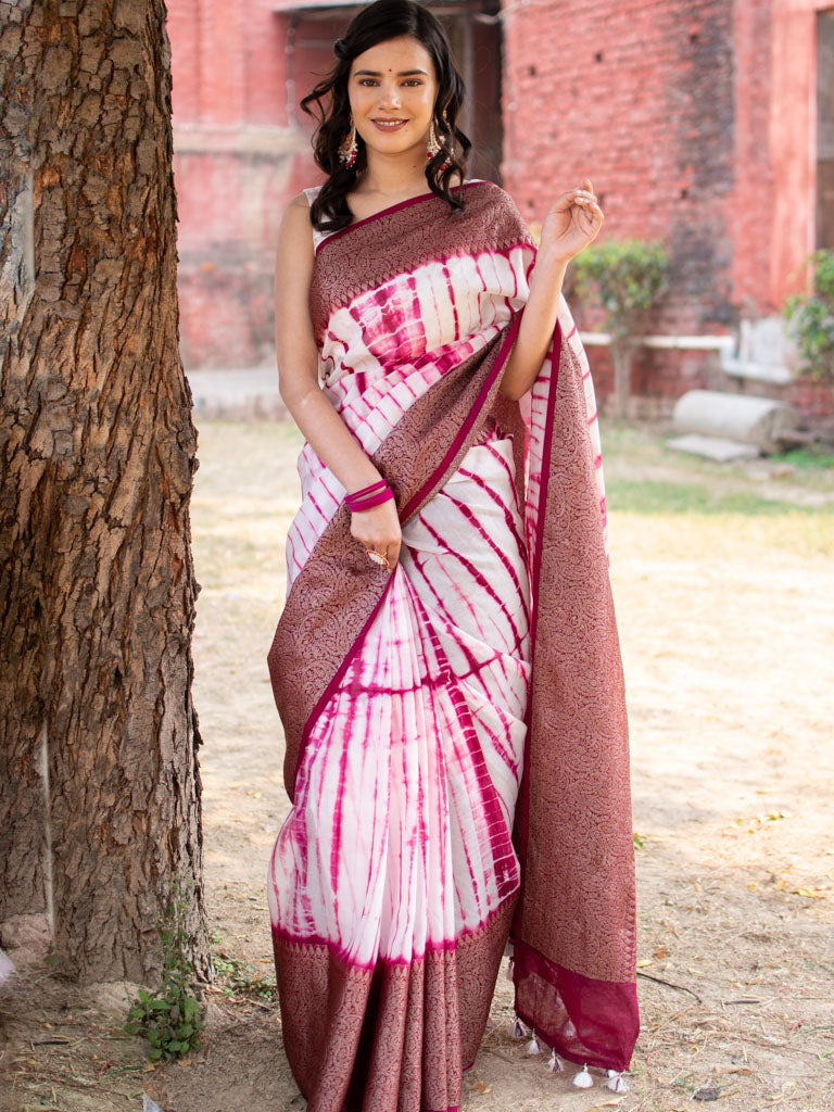 Banarasi Shibori Dyed Cotton Silk Saree With Antique Zari Border-Pink